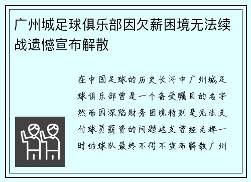 广州城足球俱乐部因欠薪困境无法续战遗憾宣布解散